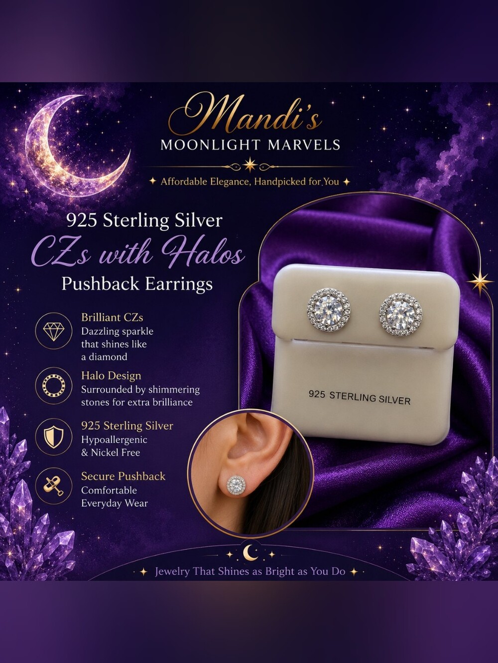 925 Sterling Silver White Halo CZ Pushback Earrings